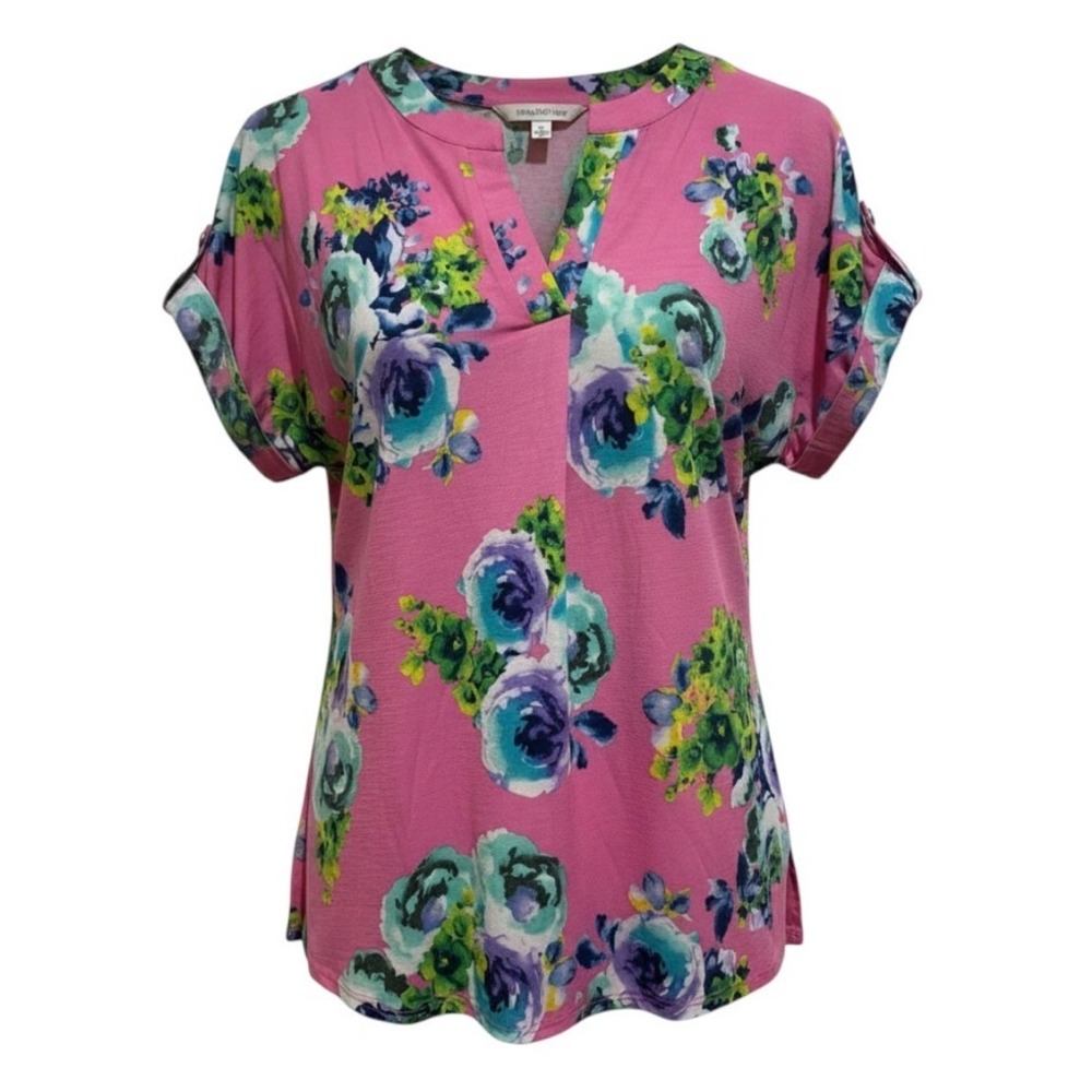 Pink Women Dear Scarlett Floral Split Neck Cuffed Sleeve Top 3x